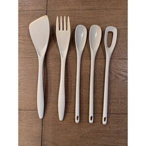 VTG Hutzler Melamine Serving Set Of 5 White Spatula Spoon Fork Denmark Retro
